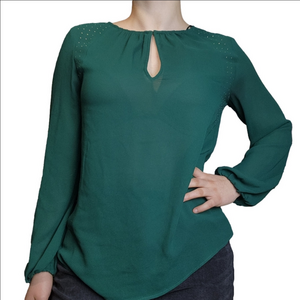 Blouse Green color Pullover round neckline Puff sleeves Keyhole Lightweight ZARA